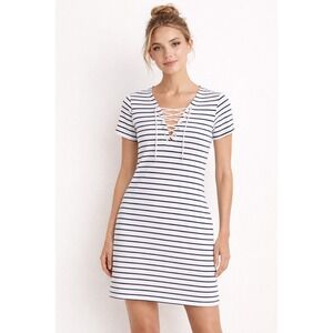 Bardot Womens Lace Up Striped Mini Dress Size 10 White Blue Nautical Summer Chic